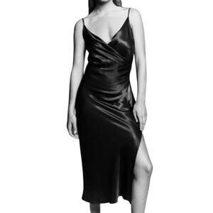 Zara XXL Womens Black Satin Slip Dress Pleated Crossover Cocktail Party
